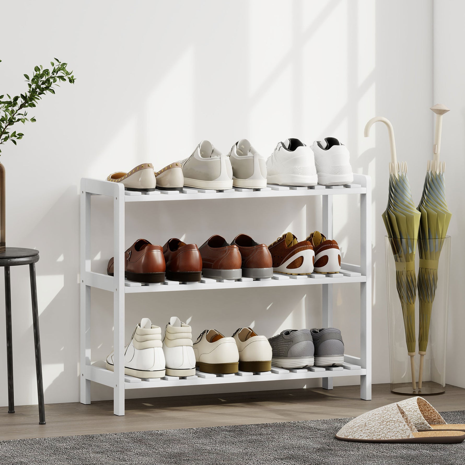 Étagère à chaussures, porte-chaussures 3 niveaux, étagères à lattes, en bois de pin， 70 x 26 x 57,5 cm, blanc
