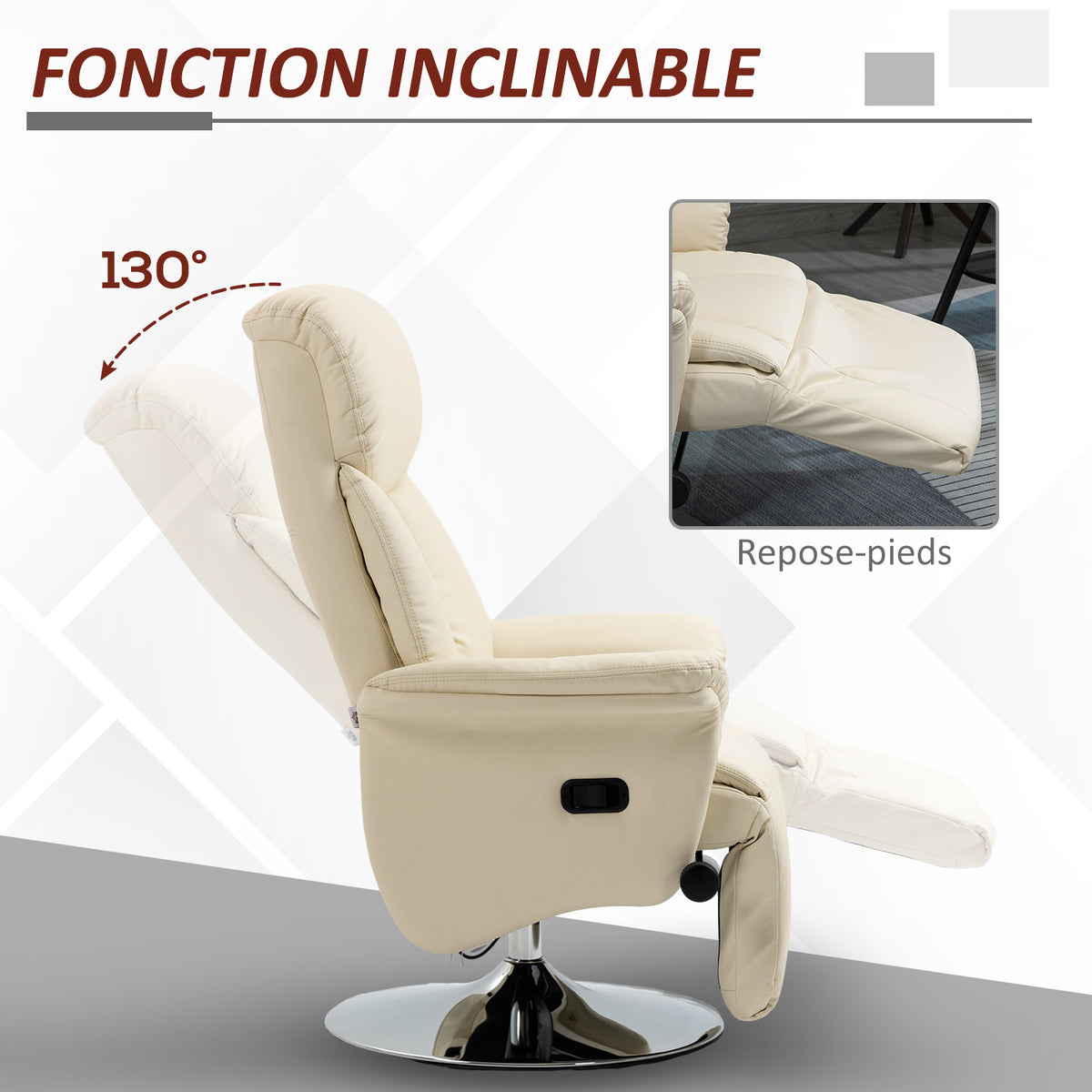 Fauteuil de relaxation inclinable pivotant repose-pied réglable, jusqu'à 150 kg, pour salon, chambre, home cinéma, crème