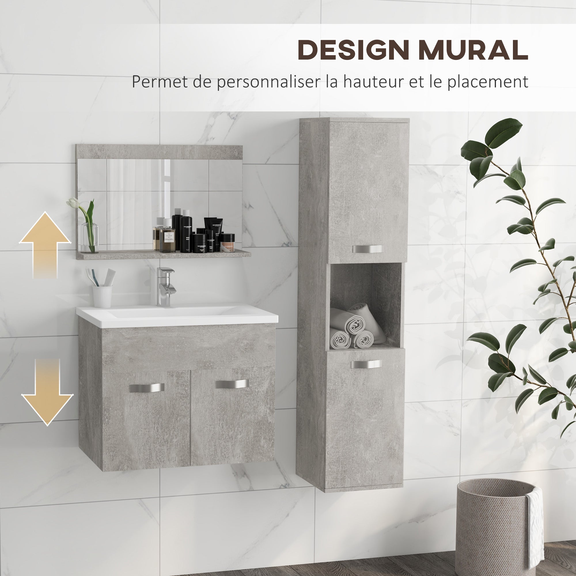 Ensemble de Meubles de Salle de Bain 4 Pièces, Mural, avec Miroir, Meuble sous Vasque, Lavabo et Armoire Haute, gris