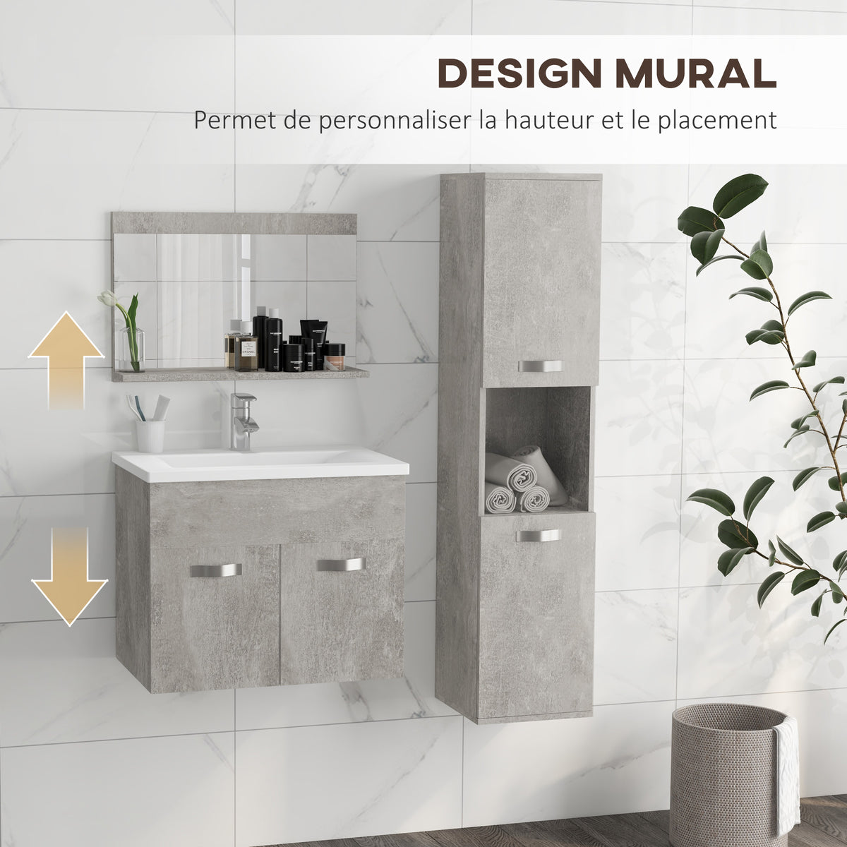 Ensemble de Meubles de Salle de Bain 4 Pièces, Mural, avec Miroir, Meuble sous Vasque, Lavabo et Armoire Haute, gris