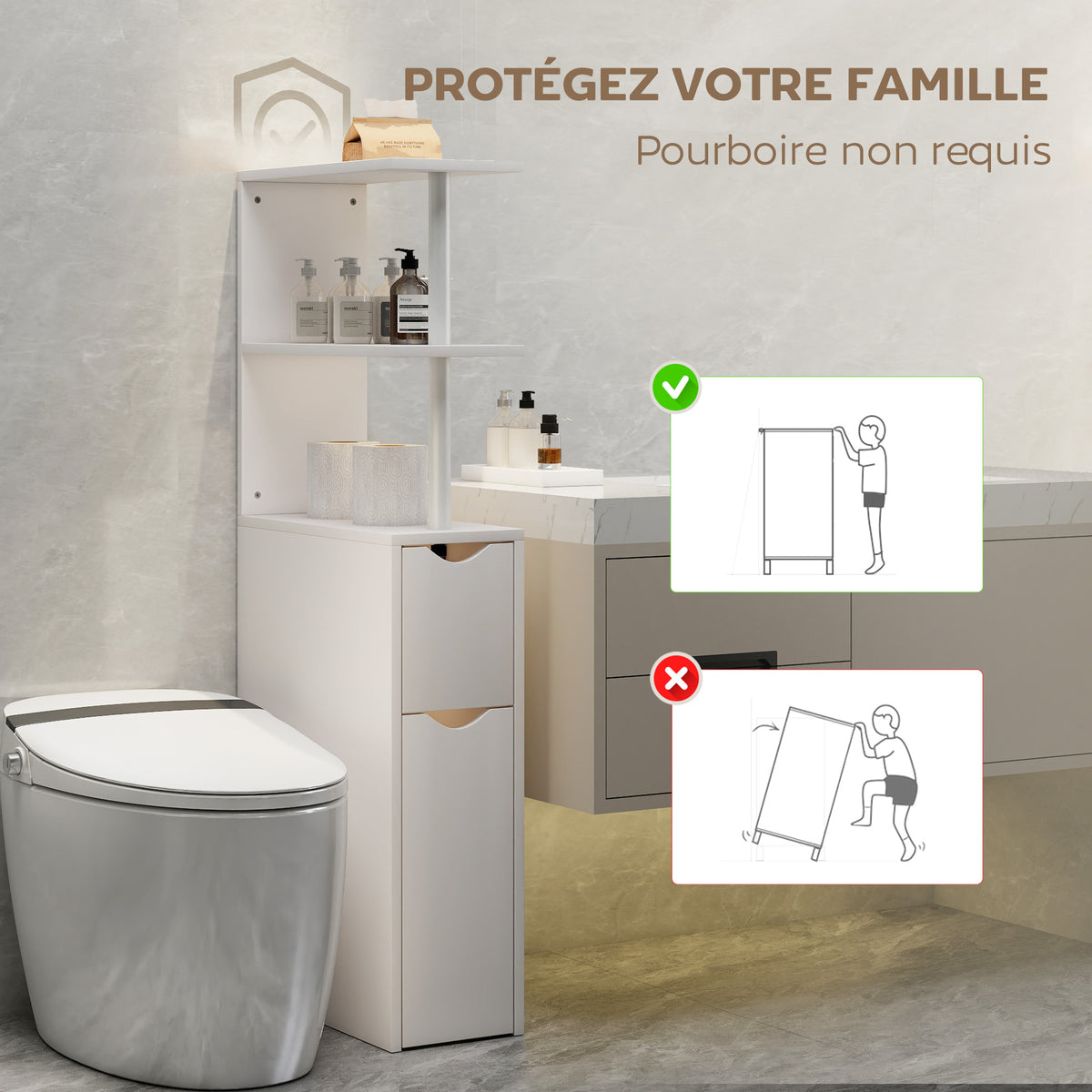 Meuble de salle de bain meuble de rangement avec tiroir sur roulettes, avec étagères ouvertes, 20 x 45 x 115 cm, blanc