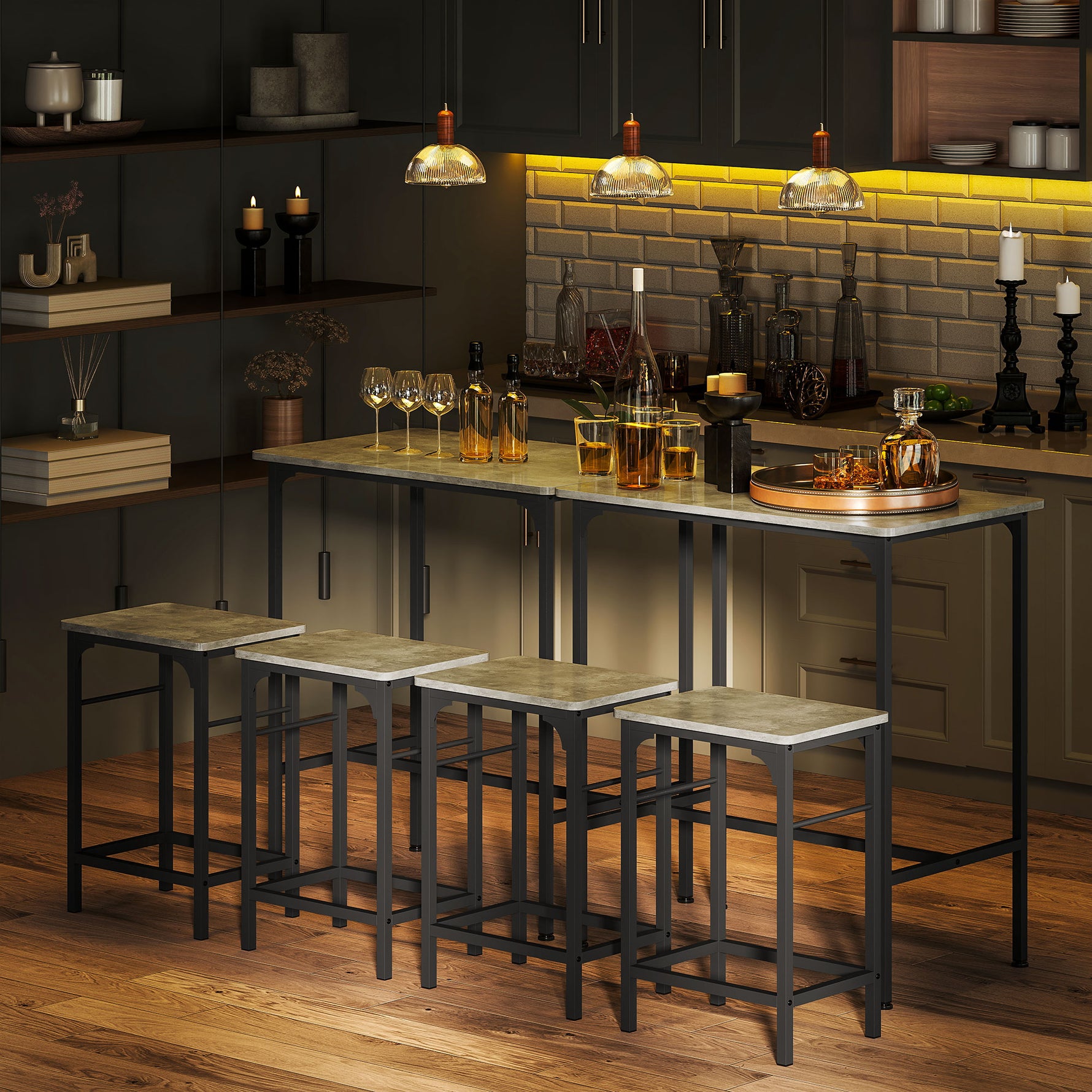 Ensemble table de bar avec 2 tabourets, cadre en acier pour cuisine, salle à manger et salon, gris
