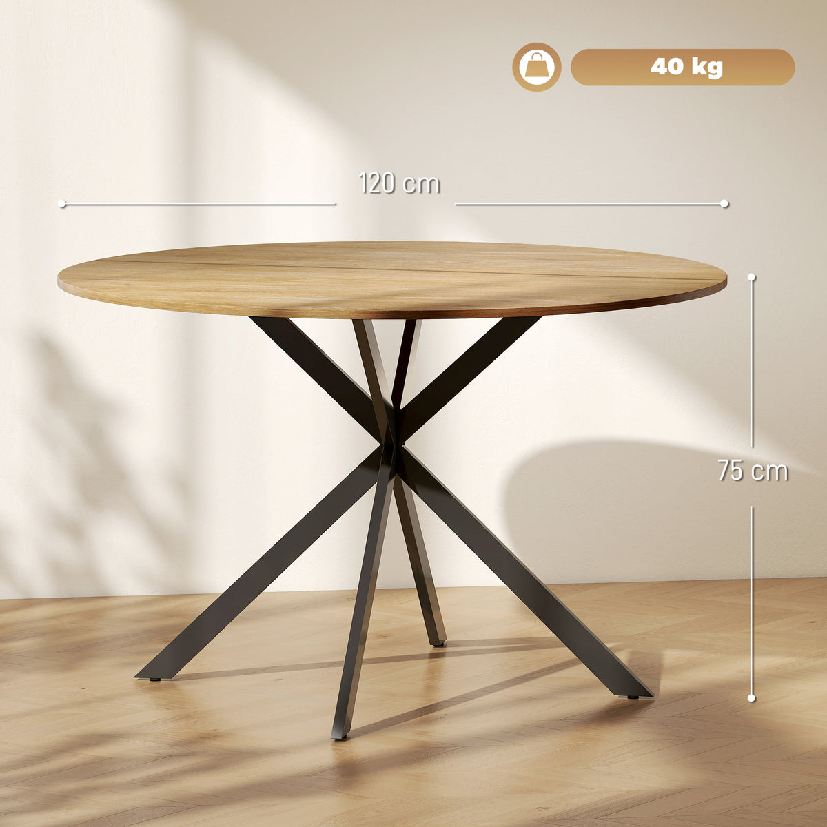 Table à manger ronde pour 4 personnes 120 cm style industriel avec plateau aspect bois, piètement croisé en acier, chêne