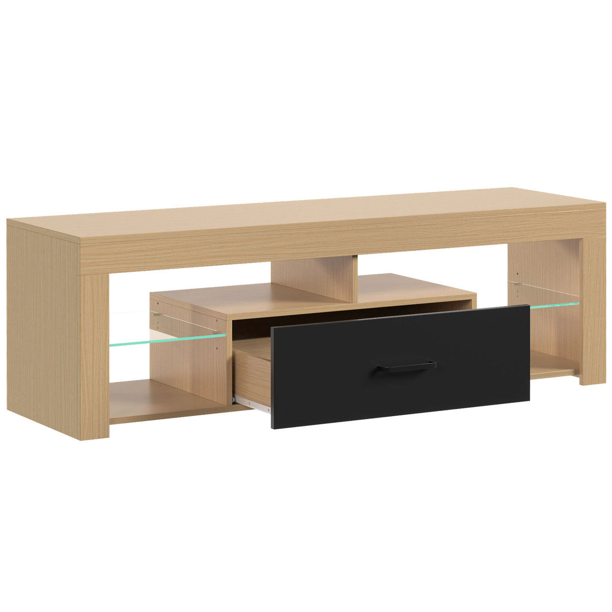 Meuble TV 140 cm, Meuble Télé pour 65 Pouces avec Étagères en Verre Réglables, Tiroir et Compartiments Ouverts, Chêne