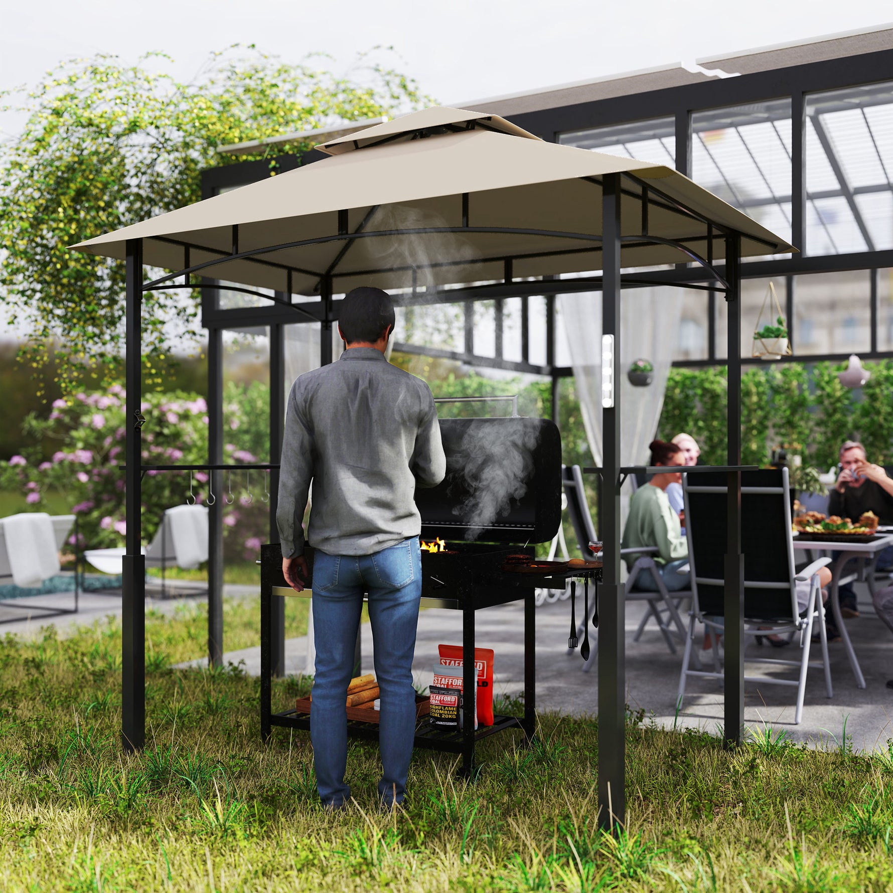 Tonnelle de barbecue à deux niveaux auvent de réception pour jardin avec lumière LED 243 x 148 x 248 cm kaki