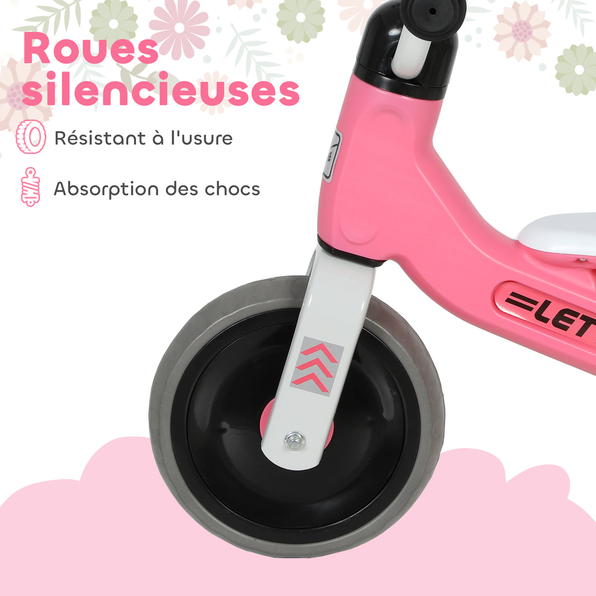 Draisienne bébé 1-3 ans jusqu'à 20 kg, vélo enfants sans pédale, 3 roues silencieuses, 69 x 40 x 49 cm, rose