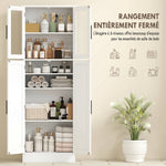 Meuble de salle de bain haut 6 niveaux, meuble de rangement avec 4 portes dont 2 vitrées et étagères réglables, blanc