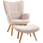 Fauteuil avec repose pied, dossier haut, pieds en bois et tissu aspect velours côtelé, pour salon chambre à coucher beige
