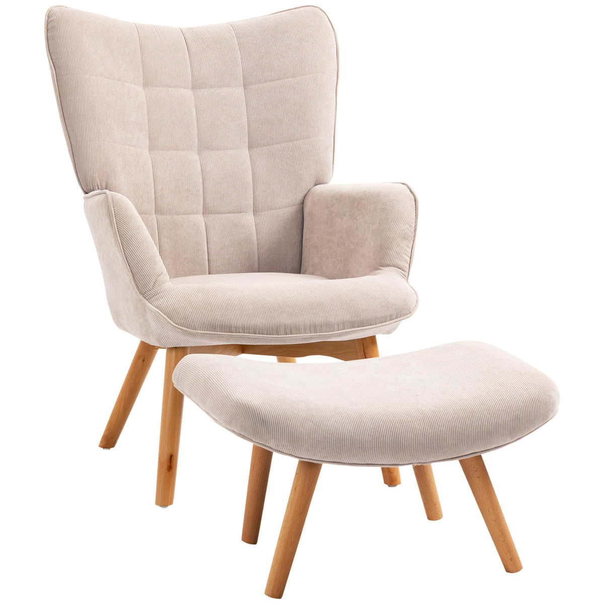 Fauteuil avec repose pied, dossier haut, pieds en bois et tissu aspect velours côtelé, pour salon chambre à coucher beige