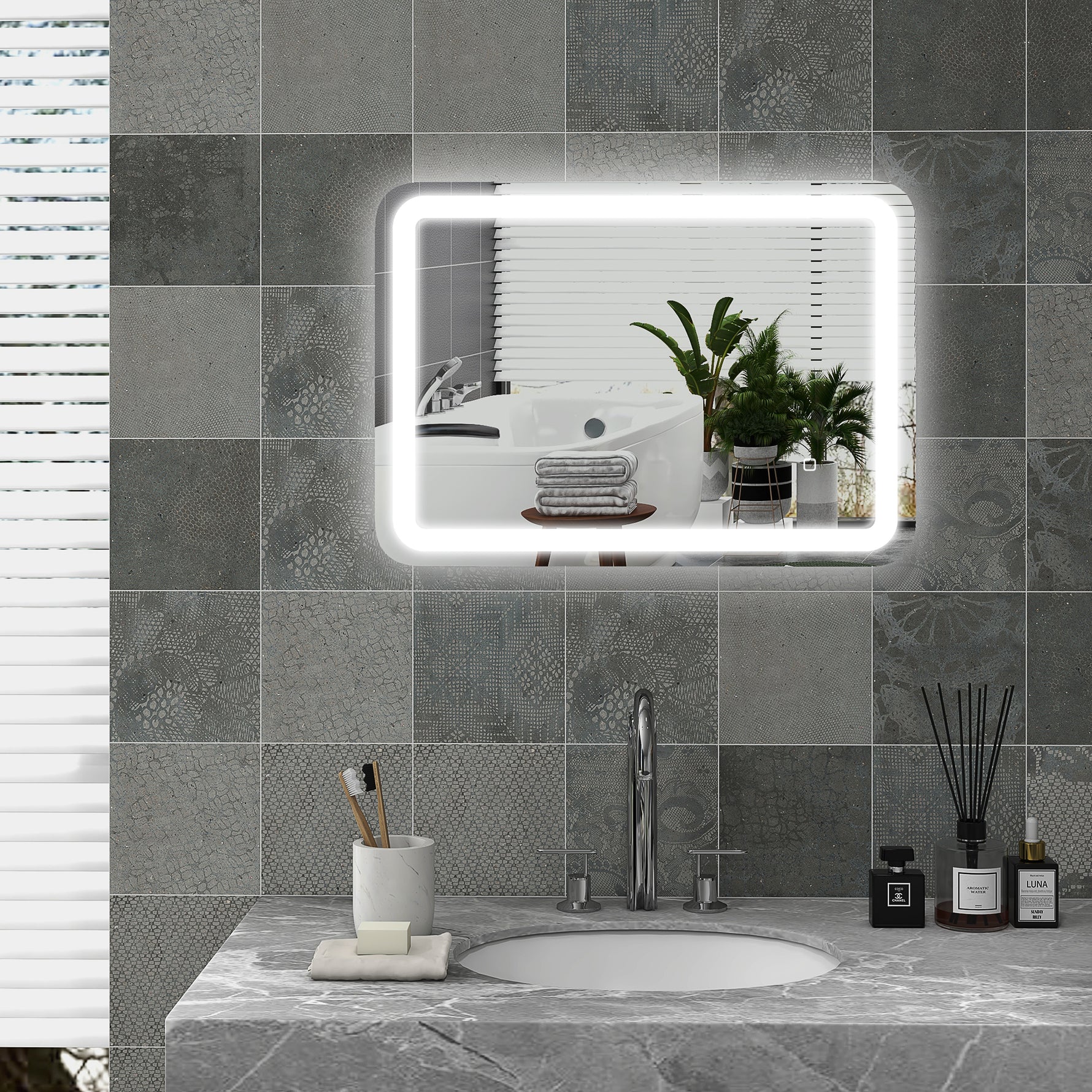 Miroir de salle de bain rectangulaire LED fonction anti-buée luminosité réglable fonction mémoire 70 x 50 cm argent