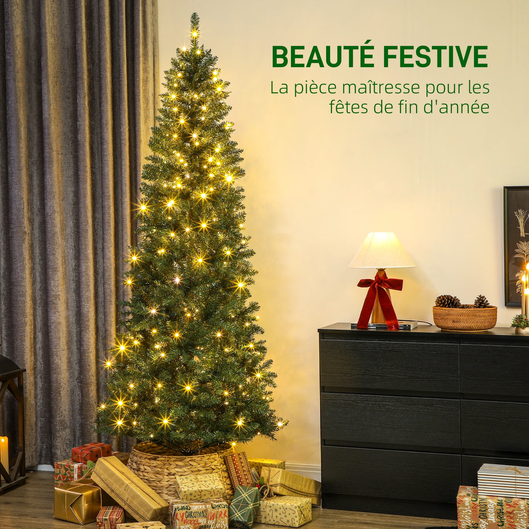 Sapin de Noël artificiel 210 cm, arbre de Noël fin avec 350 lumières, 1273 pointes, support en métal pliable, vert