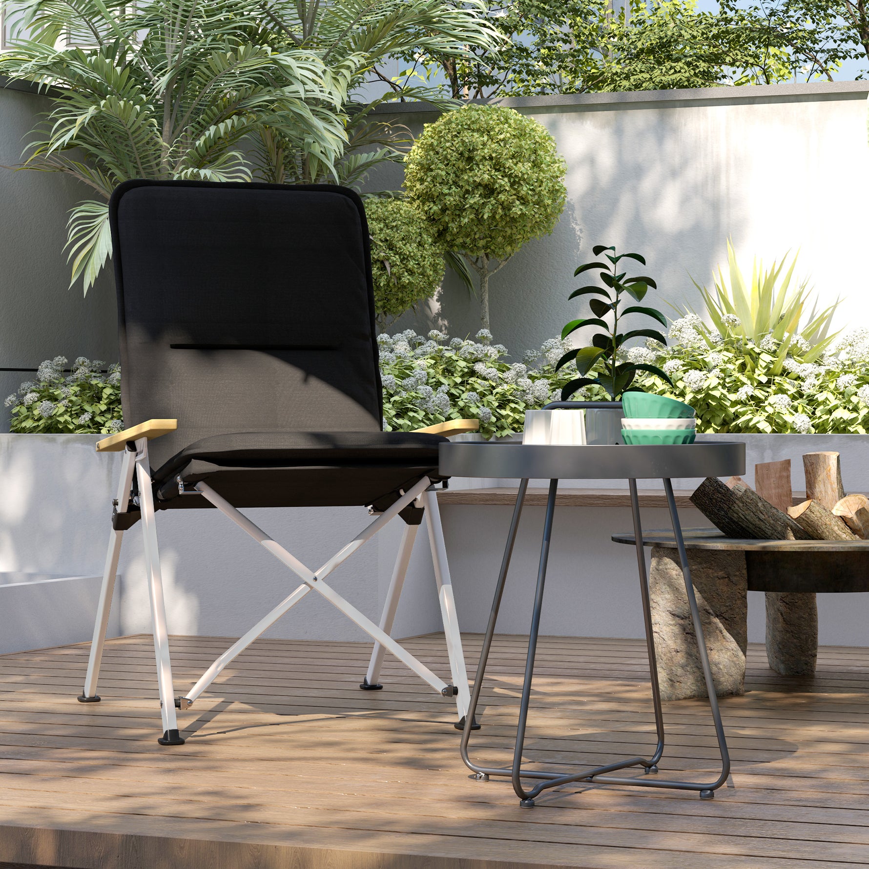Chaise de camping chaise de pêche pliante, dossier haut, coussin amovible et sac de transport, 59x67x96cm, noir