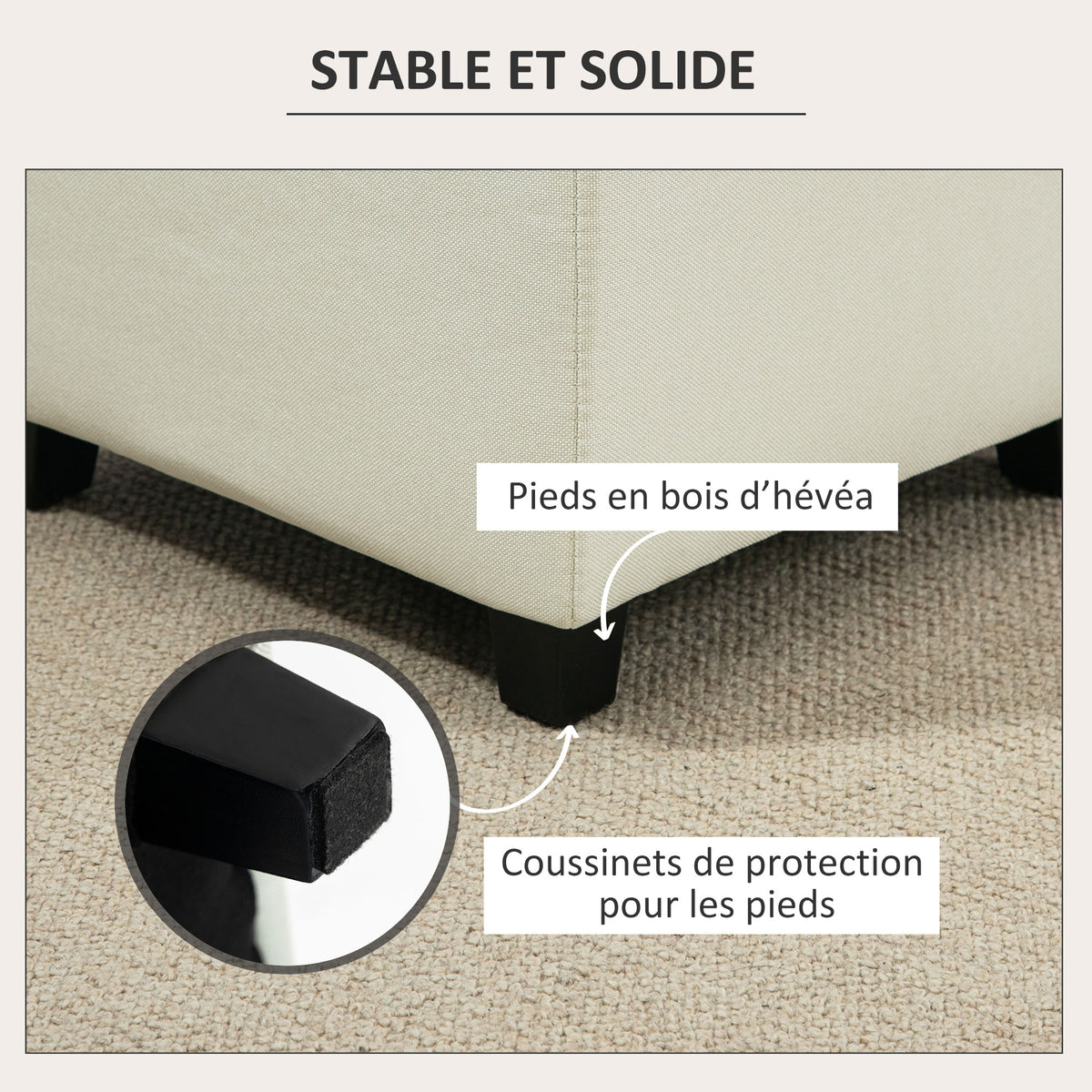 Repose pied salon, ottoman, siège rembourré capitonné en tissu aspect lin avec poche latérale, 35 x 35 x 35 cm, crème