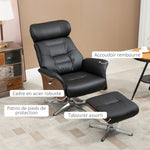 Fauteuil relax avec repose-pied, fauteuil de relaxation avec dossier inclinable, têtière réglable, 80x84x108cm, noir