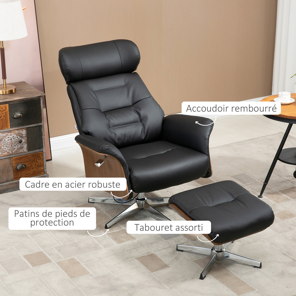 Fauteuil relax avec repose-pied, fauteuil de relaxation avec dossier inclinable, têtière réglable, 80x84x108cm, noir