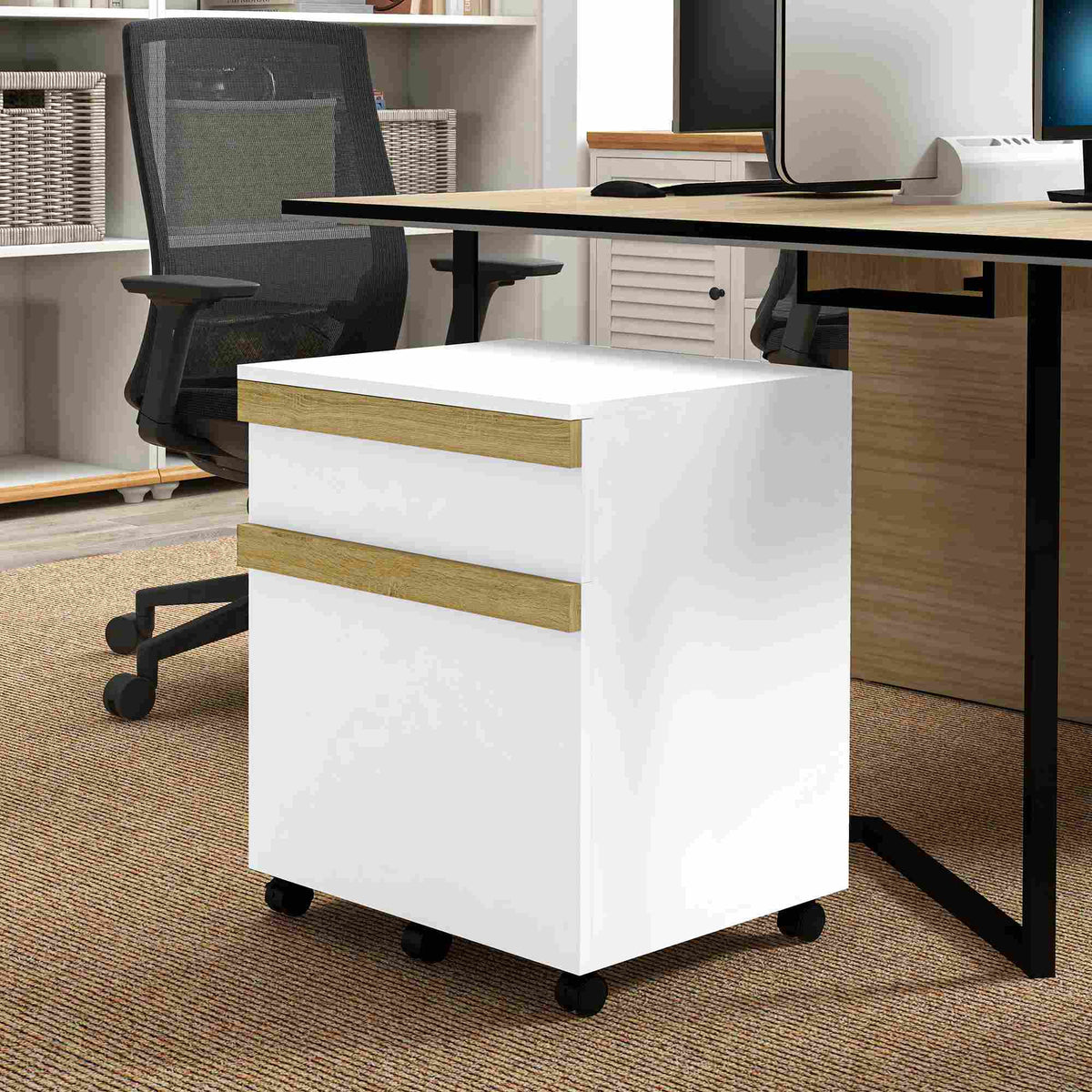 Caisson de bureau à roulettes avec 2 tiroirs coulissants trieur à dossiers 48 x 40 x 59,5 cm blanc
