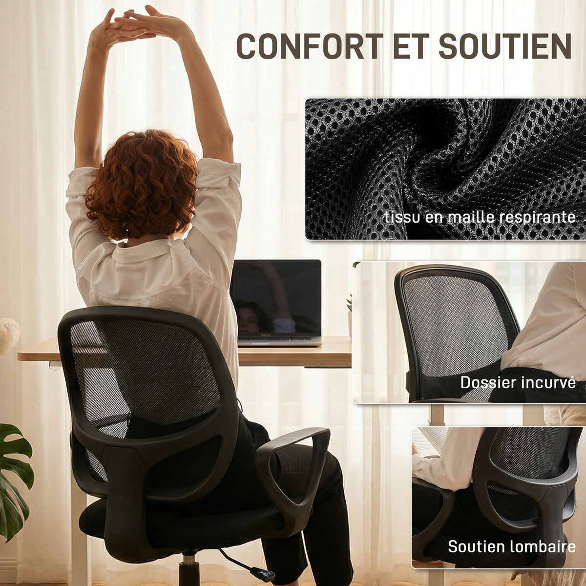 Chaise bureau ergonomique, fauteuil de bureau avec repose-pieds et accoudoirs, hauteur réglable, 59x58x103-123cm, noir
