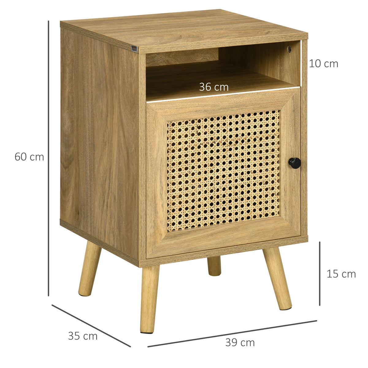 Lot de 2 tables de chevet table de nuit avec placard porte cannage et niche design vintage 39 x 35 x 60 cm naturel