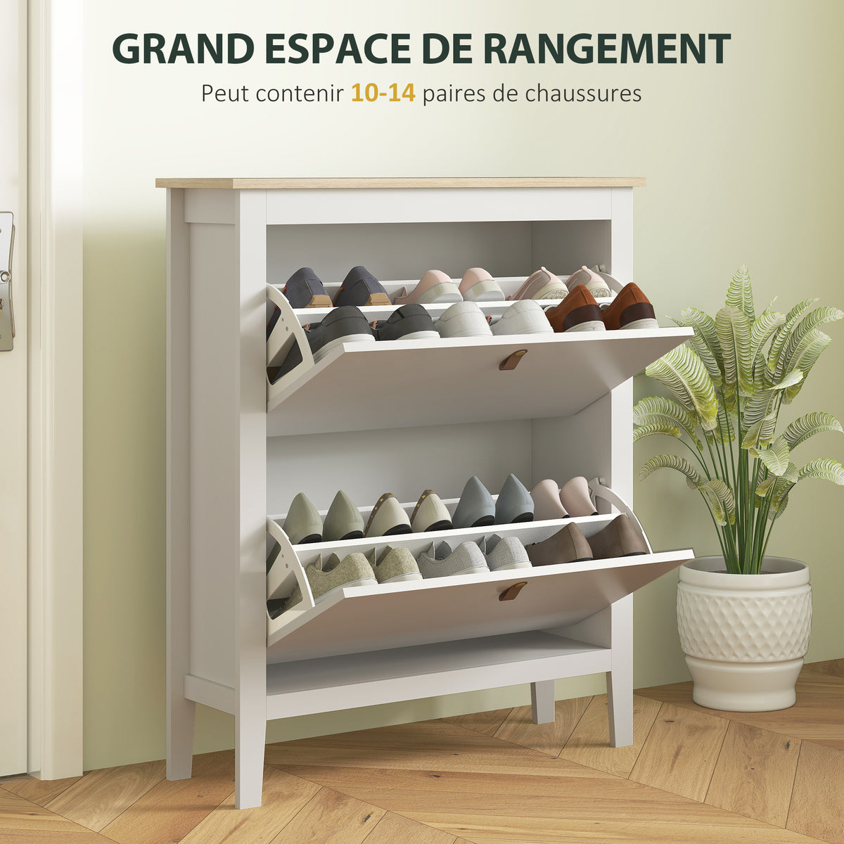Meuble à chaussures 14 paires, armoire à chaussures avec 2 tiroirs rabattables, étagères amovibles et réglables, blanc