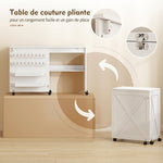 Table de Couture Pliante, Meuble Couture Roulant, Porte Magnétique de Grange, 2 Bacs, Étagère, 18 Chevilles, Blanc