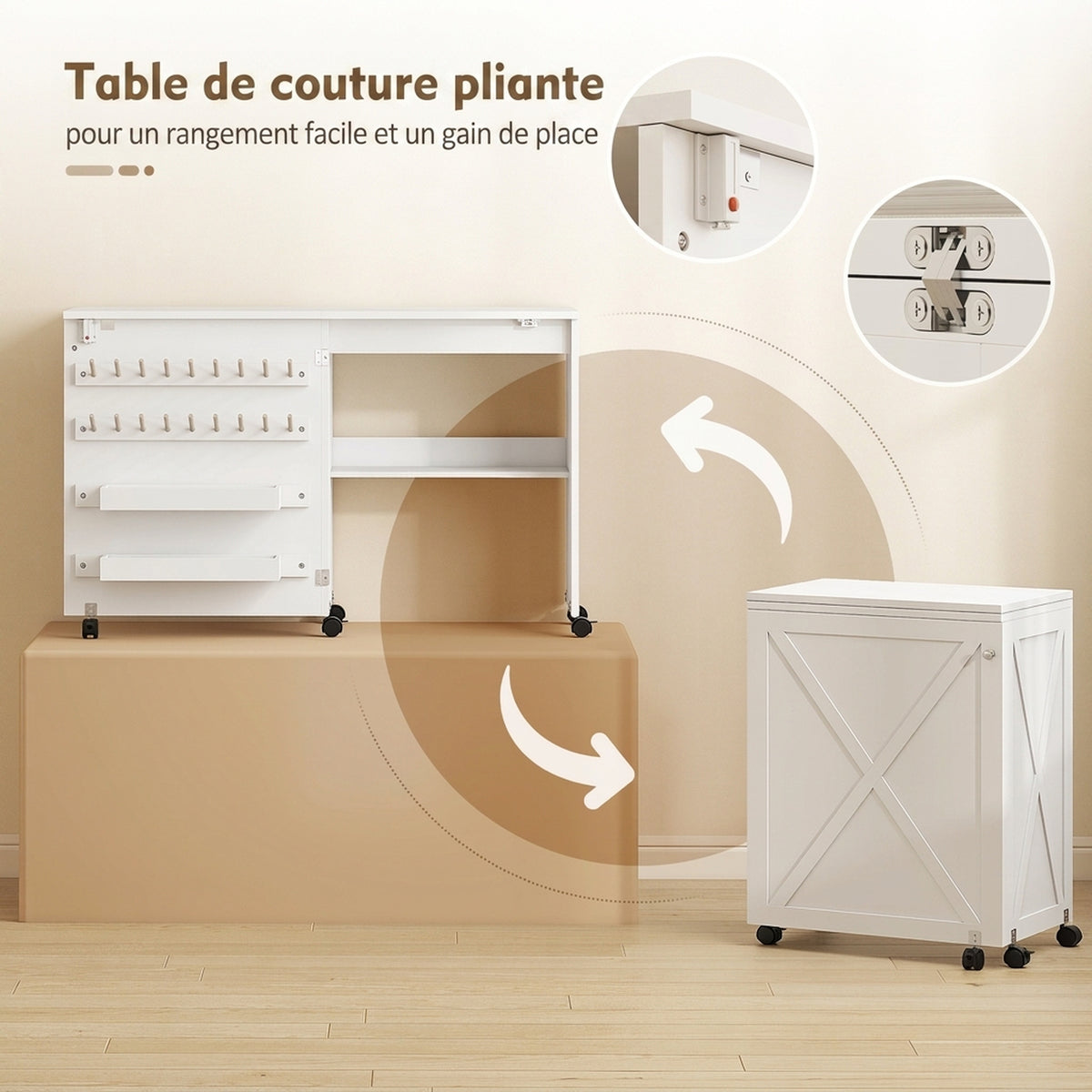 Table de Couture Pliante, Meuble Couture Roulant, Porte Magnétique de Grange, 2 Bacs, Étagère, 18 Chevilles, Blanc