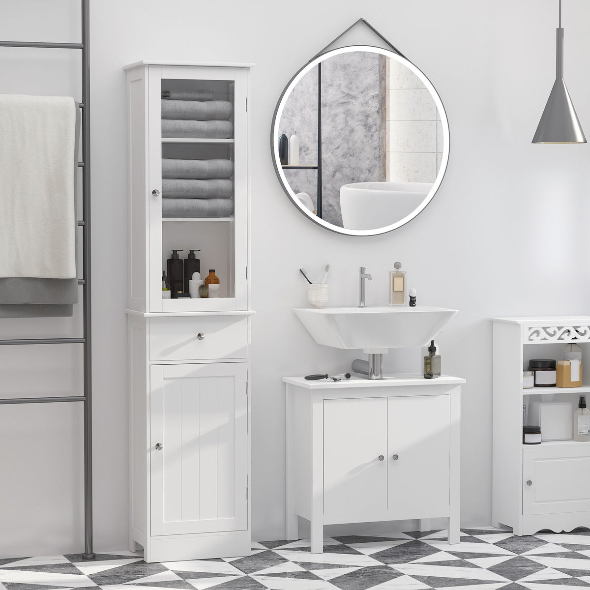 Meuble Colonne de Salle de Bain Placard Porte Acrylique 2 étagères Placard Porte 1 étagère tiroir MDF Blanc
