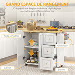 Desserte îlot de cuisineplateau rabattable 3 tiroirs 1 placard porte-torchons et porte-épices 111,5 x 75 x 89 cm blanc
