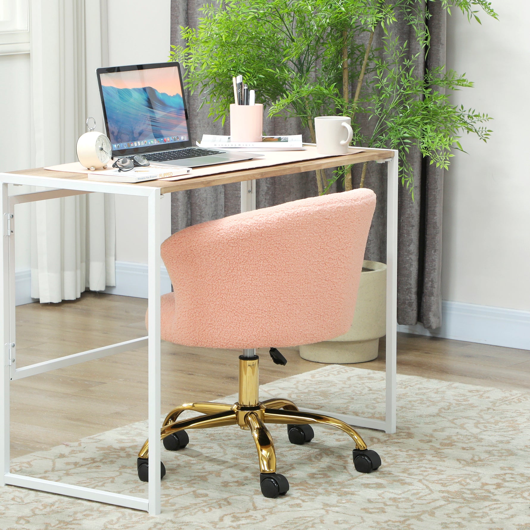 Chaise de bureau, fauteuil de bureau ergonomique réglable en hauteur, siège pivotante, piètement en acier, rose
