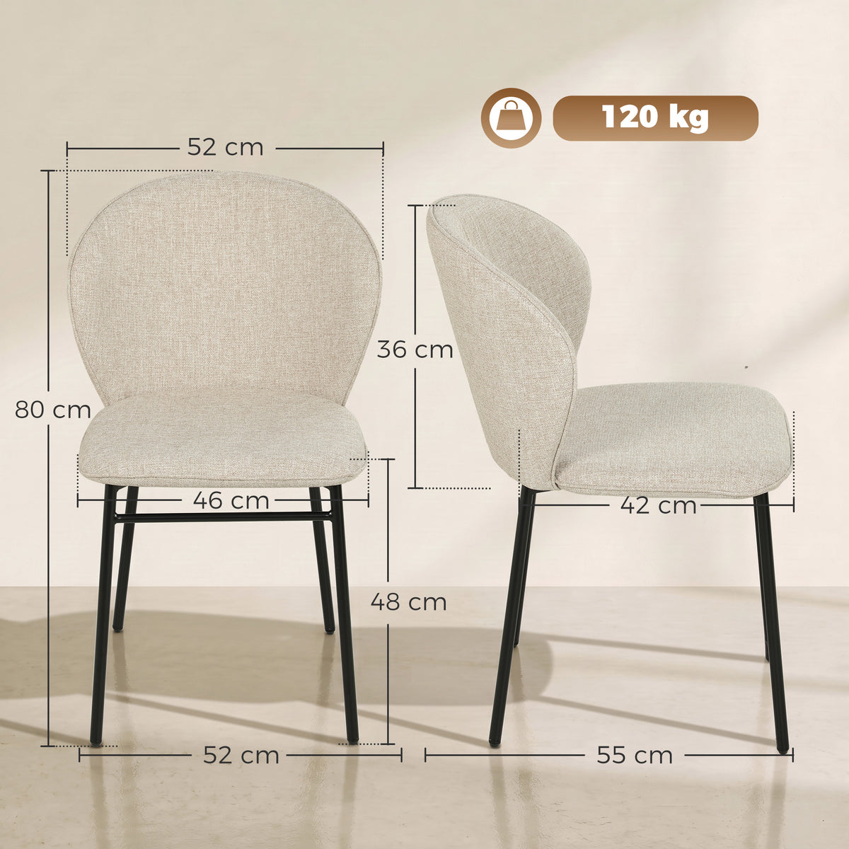 Juego de 2 sillas de comedor con asiento tapizado en tela efecto lino, patas de acero estable, diseño moderno, color crema