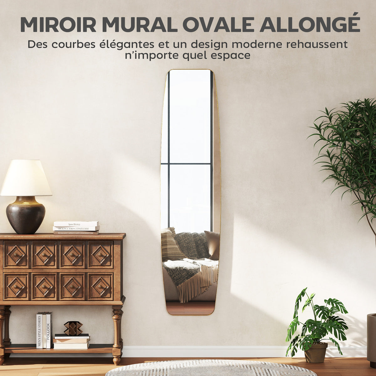 Grand miroir mural ovale 160 x 40 cm, miroir suspendu moderne, cadre en métal et bois, prêt à accrocher, doré