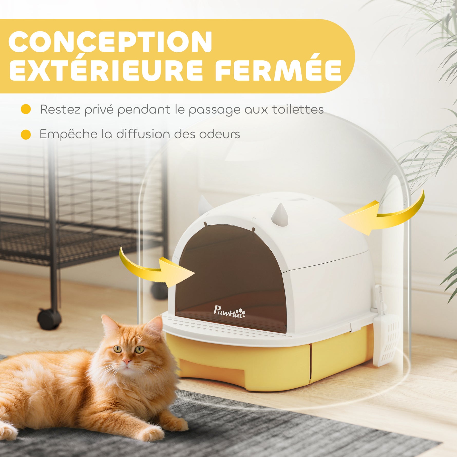 Maison de toilette pour chat bac à litière fermé chat poignée de transport porte translucide 40,5 x 52 x 39 cm jaune
