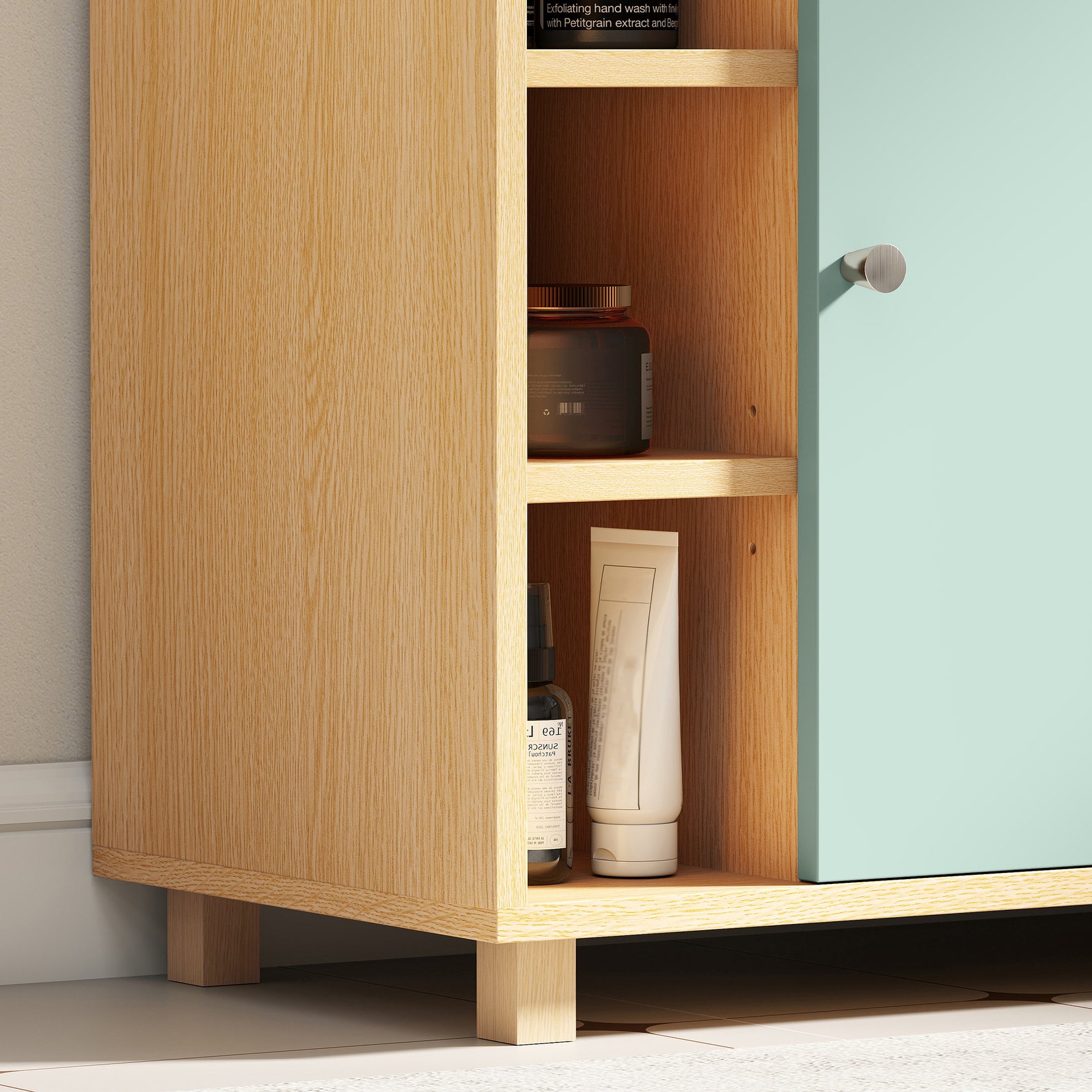 Meuble sous lavabo, meuble de salle de bain avec 6 étagères ouvertes et porte à fermeture amortie 60 x 33 x 57 cm, vert