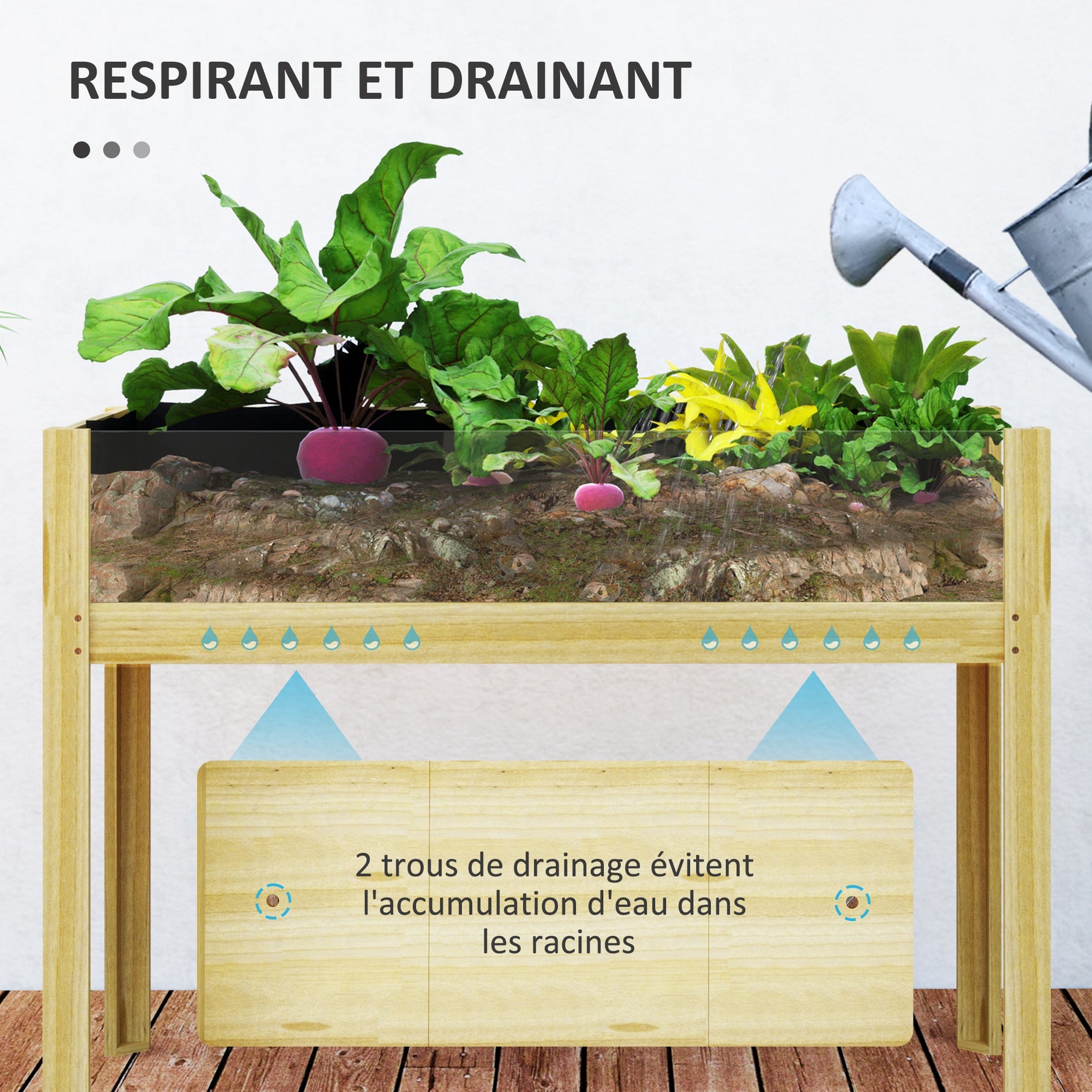 Jardinière sur pieds, carré potager surélevé avec panneaux en acrylique et trous de drainage, 110 x 50 x 80 cm, naturel