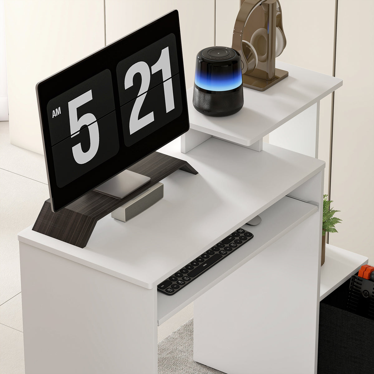 Bureau Informatique multimédia étagères Tablette Clavier Panier Noir Panneaux Particules Blanc