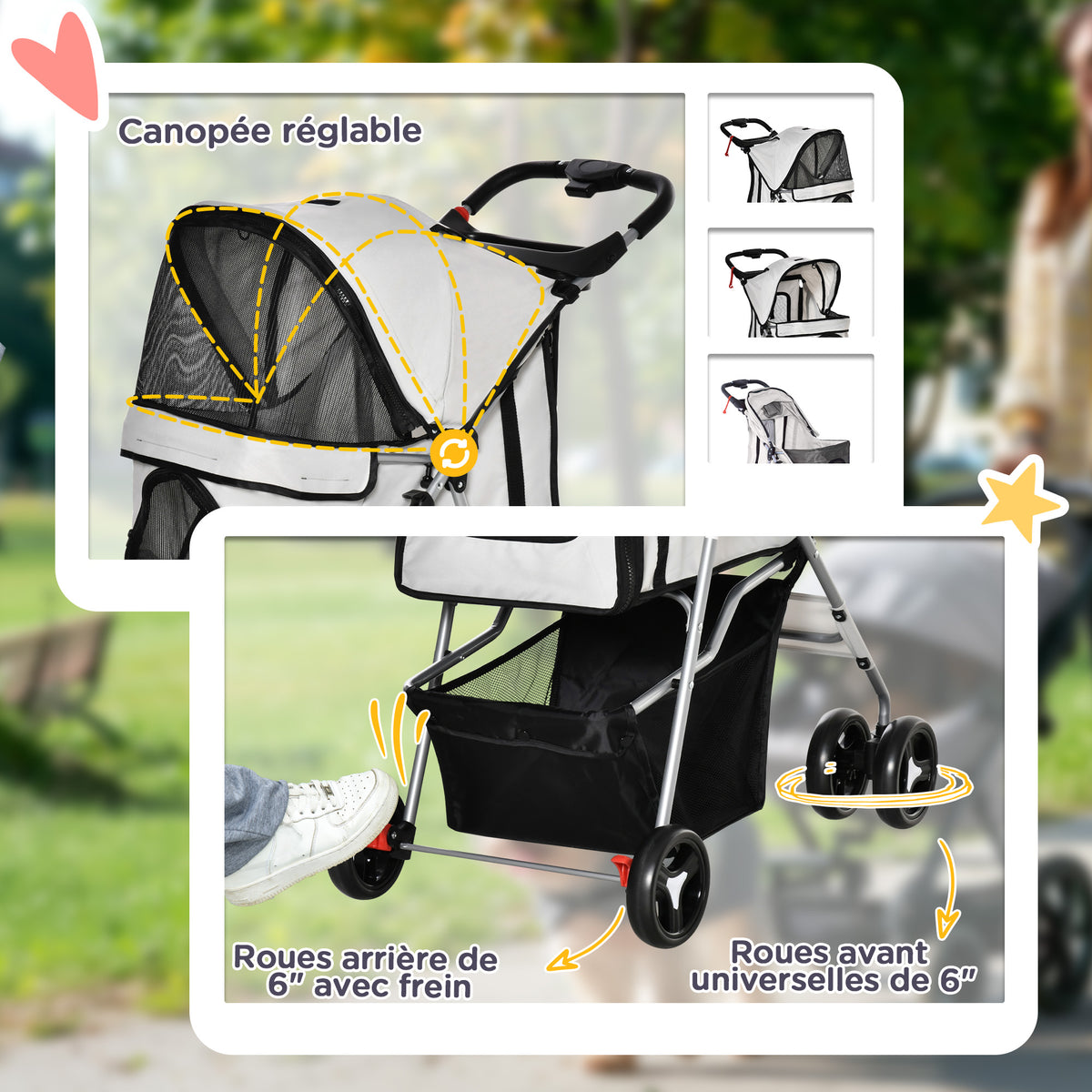Poussette buggy pour chiens 77L x 45l x 99,5H cm pliable imperméable tissu 600D Oxford 4 roues gris