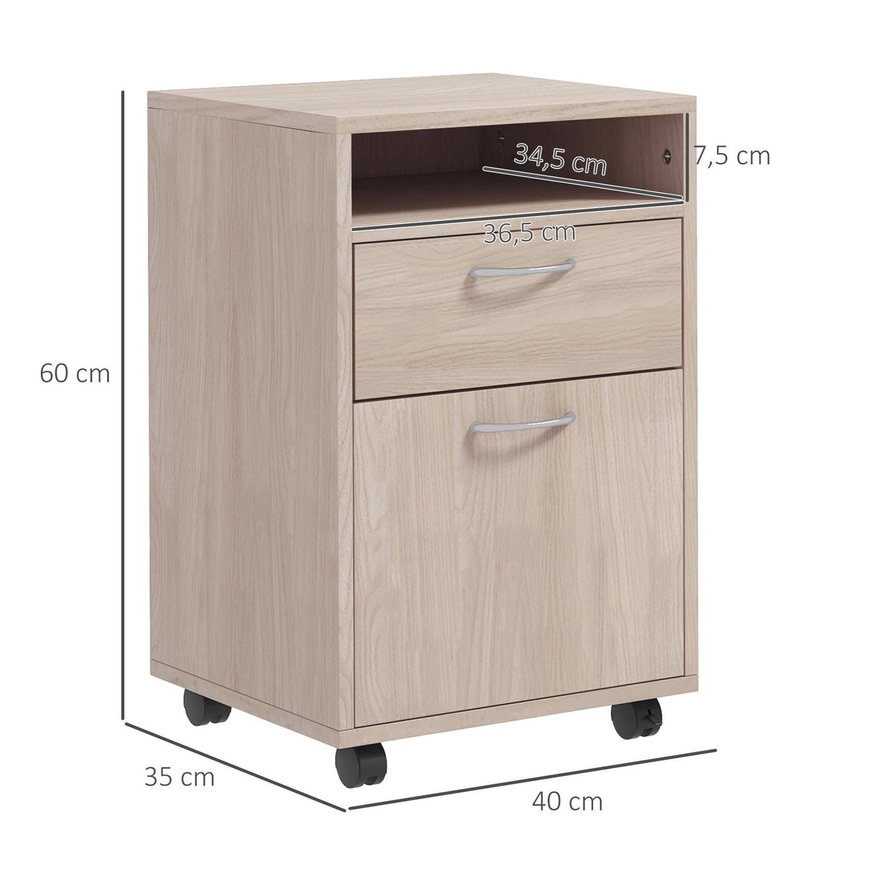 Caisson de bureau à roulettes avec tiroir placard et niche pour documents et dossier suspendu 40 x 35 x 60 cm chêne