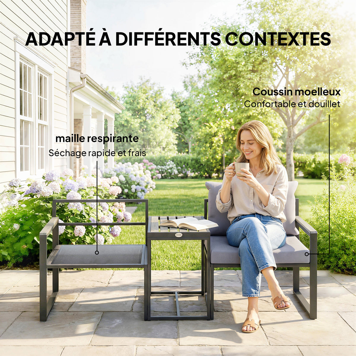 Salon de jardin 3 pièces coussins 14cm et accoudoirs en composite bois-plastique 2 fauteuils et table d'appoint gris