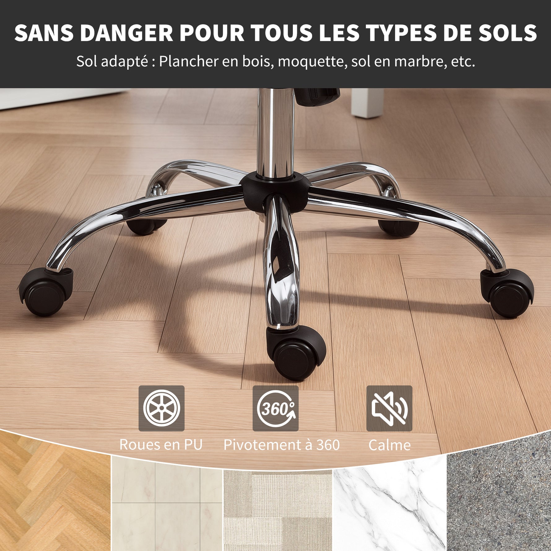Chaise de bureau, fauteuil de bureau ergonomique réglable en hauteur, siège pivotante, fonction de bascule, gris