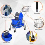 Carrello per pulizie carrello lavaggio carrello di pulizia professionale pressa a ganascia secchio 26 L + cestello portaoggetti dim. 73L x 45P x 95A cm blu