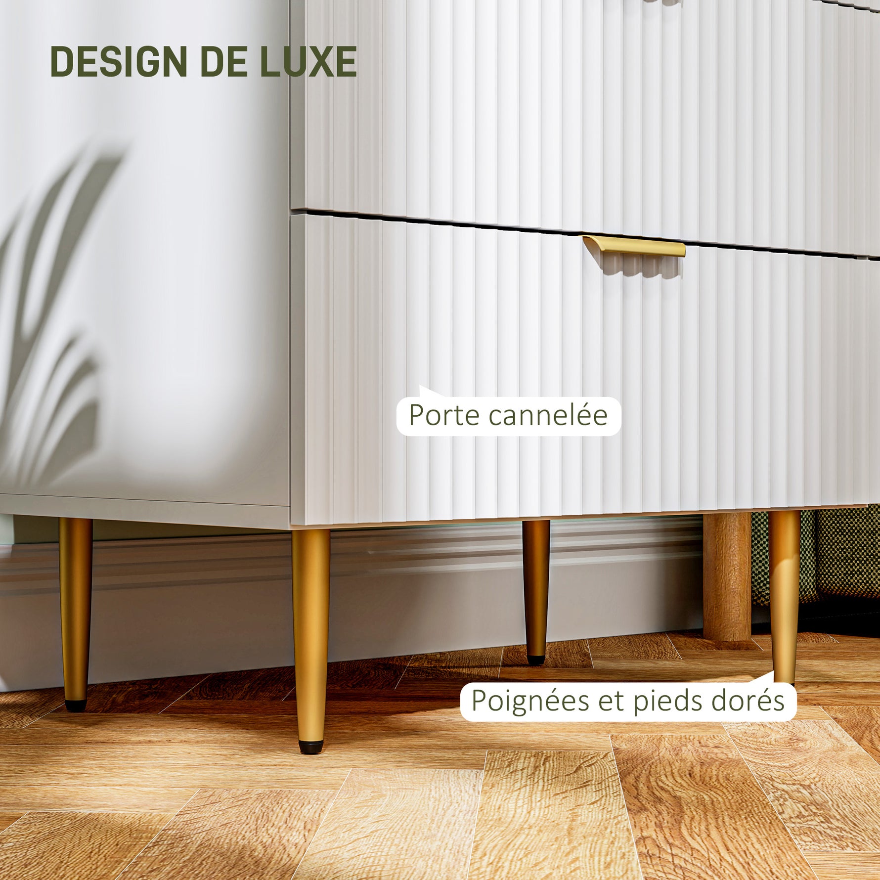 Commode 4 tiroirs commode chambre meuble de rangement moderne avec poignées et pieds dorés, dim. 60 x 40 x 96 cm, blanc