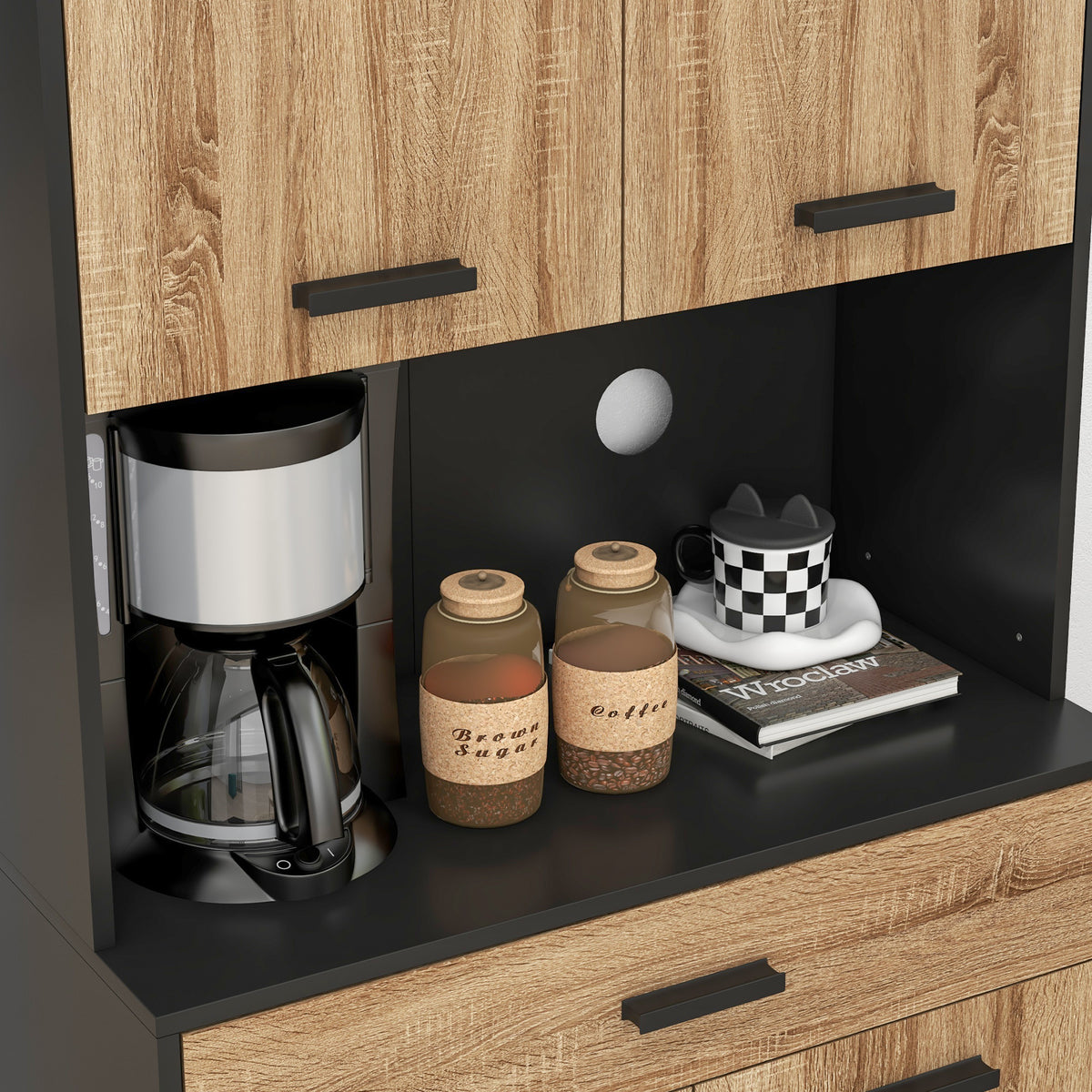 Armario de cocina tipo aparador, mueble de almacenamiento, 2 armarios, 4 puertas, 1 cajón, pasacables, 80 ancho x 40 profundo x 180 alto cm