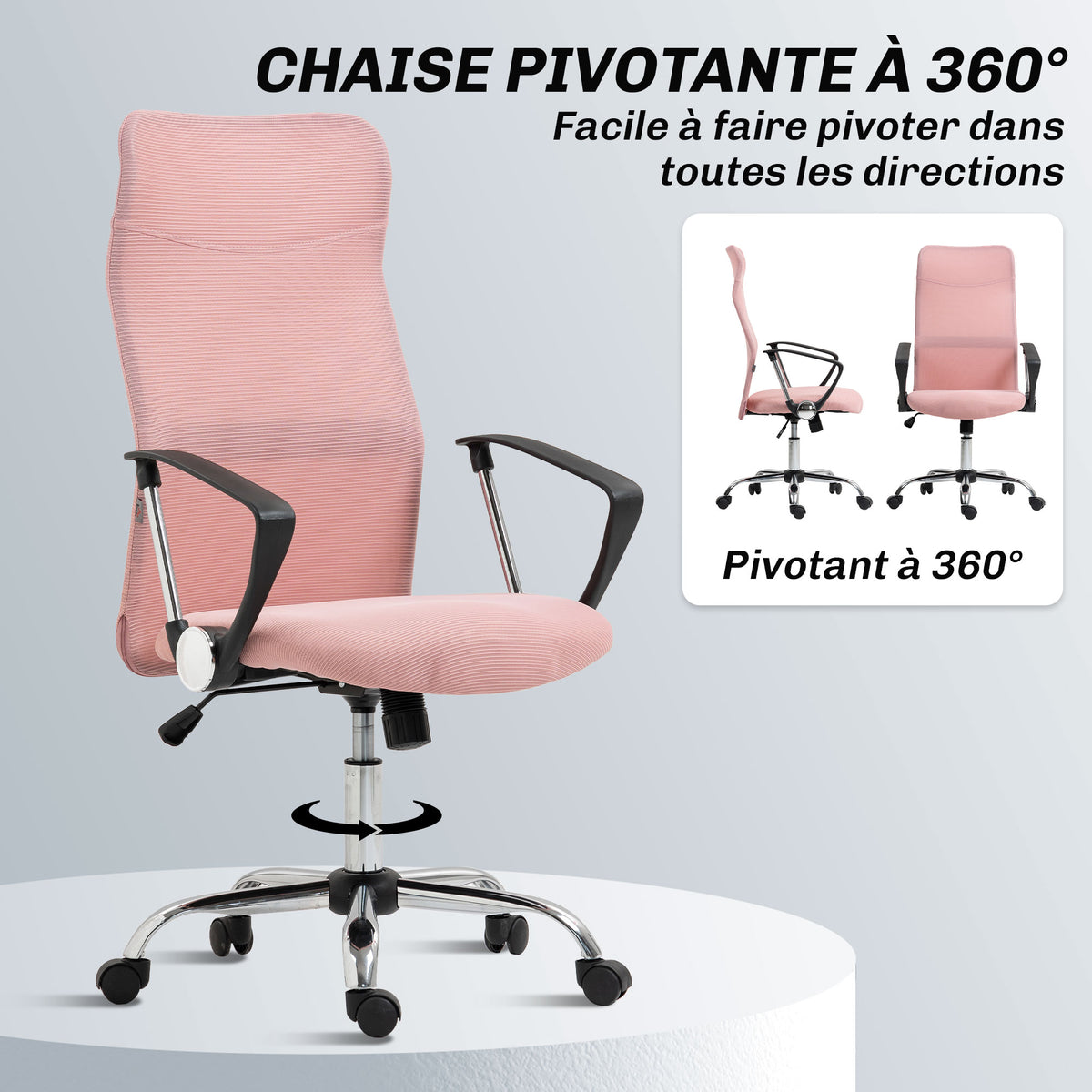 Fauteuil de bureau manager dossier ergonomique hauteur assise réglable pivotant tissu maille 63x65x119109-119cm rose