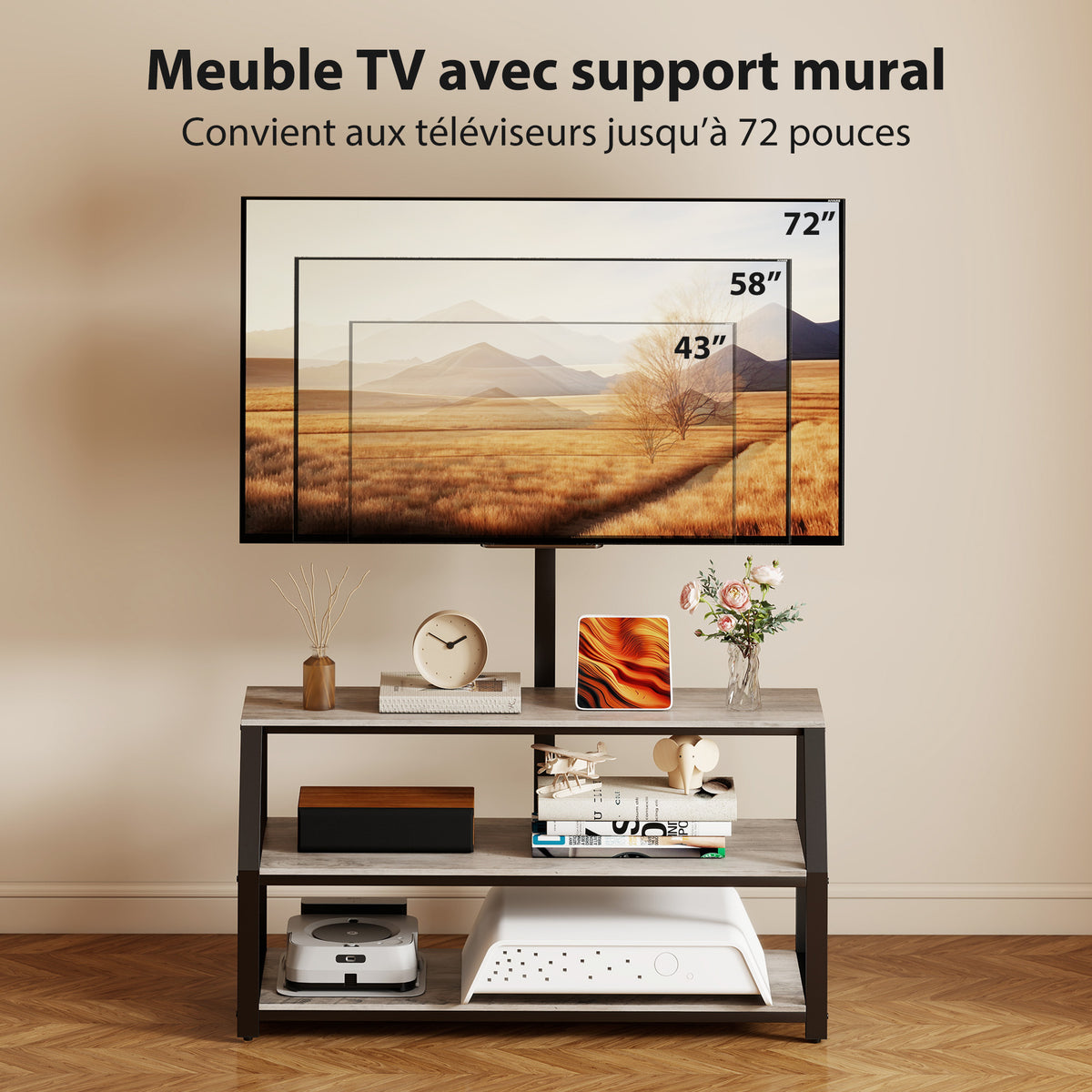 Meuble TV avec support pour téléviseurs jusqu'à 72 pouces, meuble télé avec 2 étagères ouvertes, 110x43x150cm, gris