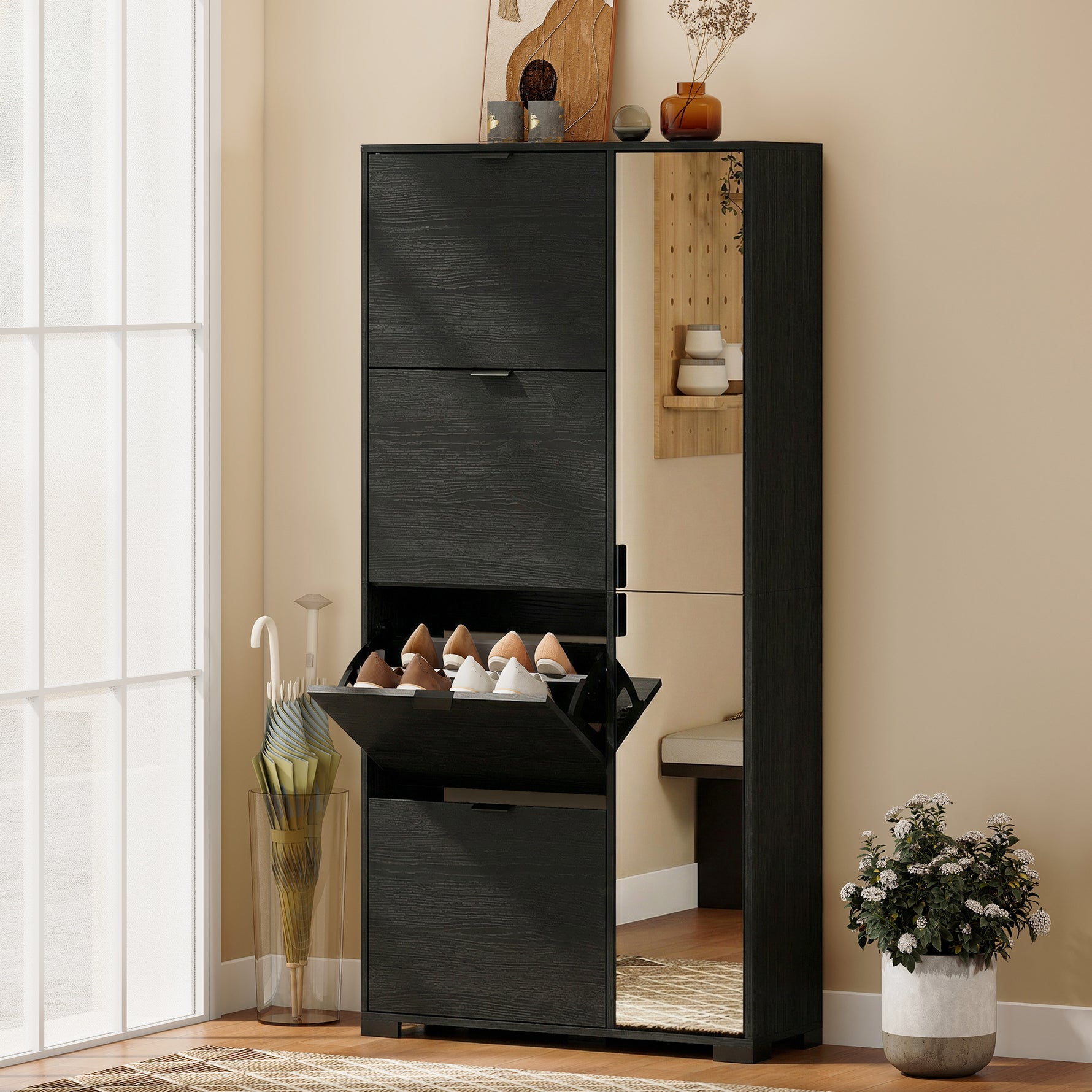 Meuble à chaussures 16 paires armoire à chaussures 4 tiroirs rabattables 2 portes en miroir étagères réglables noir