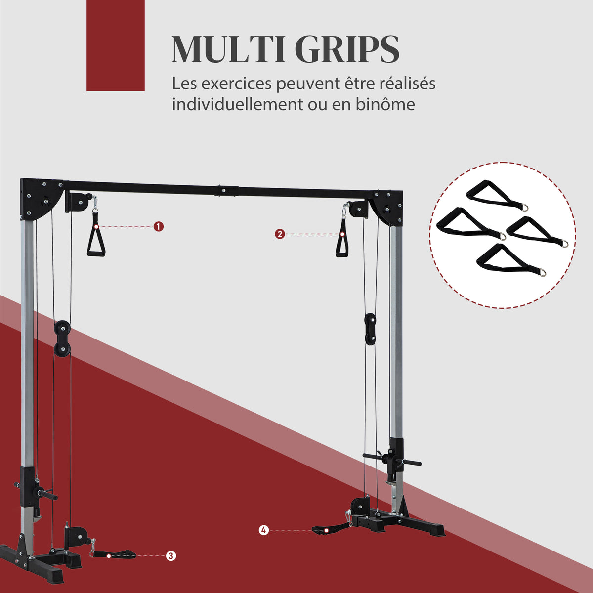 Appareil de musculation double poulie vis à vis crossover, charge libre avec haltère 2 x 50kg dim. 245L x 85l x 207H cm