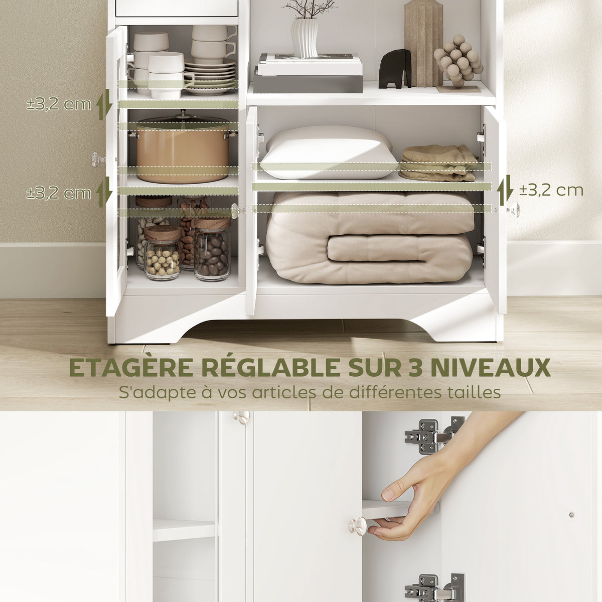 Buffet de cuisine moderne avec porte en verre, tiroir, grande niche et étagères réglables 80 x 30 x 82 cm blanc