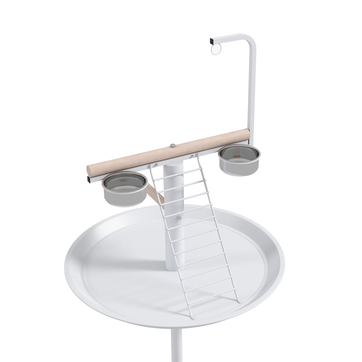 Mangeoire à oiseaux sur pied avec 4 roulettes perchoir 2 bols amovibles plateau rond acier inoxydable Ø 60 x 138H cm blanc
