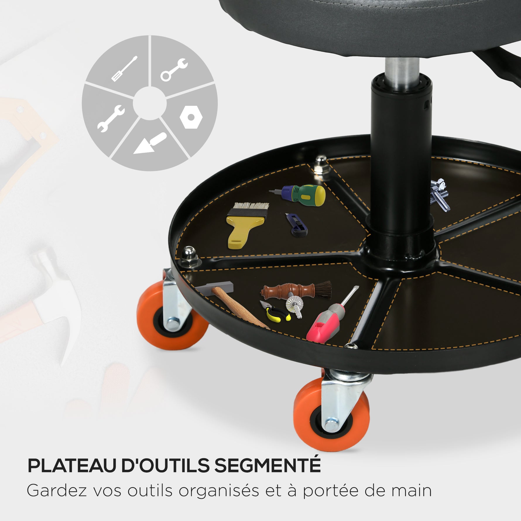 Tabouret de mécanicien siège pivotant hauteur réglable plateau de 100 kg pour le garage et la réparation automobile noir