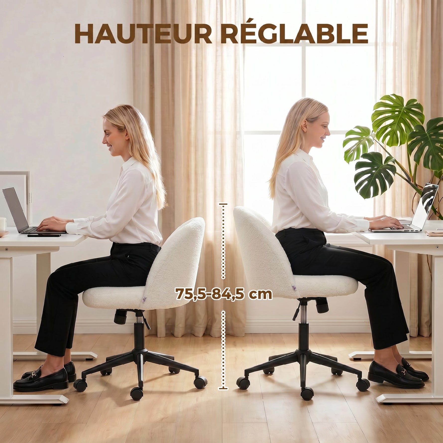 Chaise de Bureau Pivotante en Fourrure Teddy, Hauteur Réglable, Roulettes, Mousse Haute Résilience, Crème