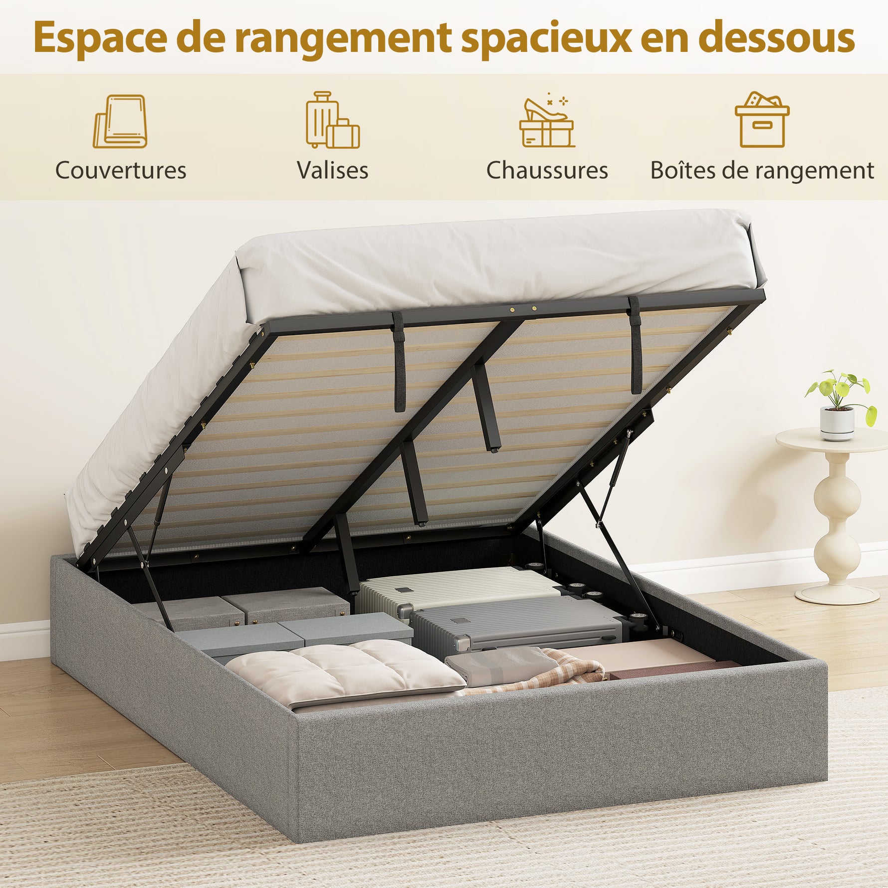 Lit coffre 140 x 190 cm, cadre de lit double rembourré, sommier à lattes en bois, rangement caché, sans bruit, gris